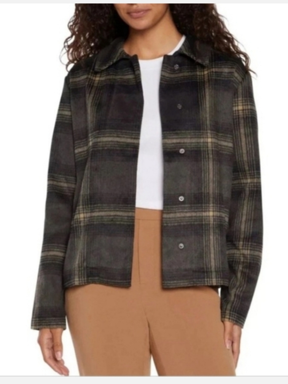 Plaid Button-Front Shirt Jacket - Black/Olive